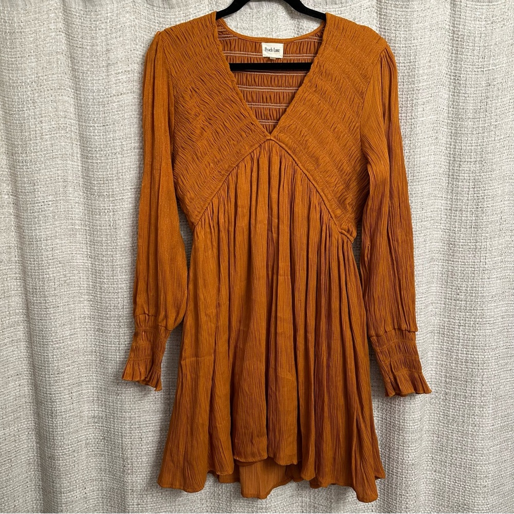 Peach Love V-Neck Long Sleeve Dress Smocked Shimmer Burnt Orange Rust Large